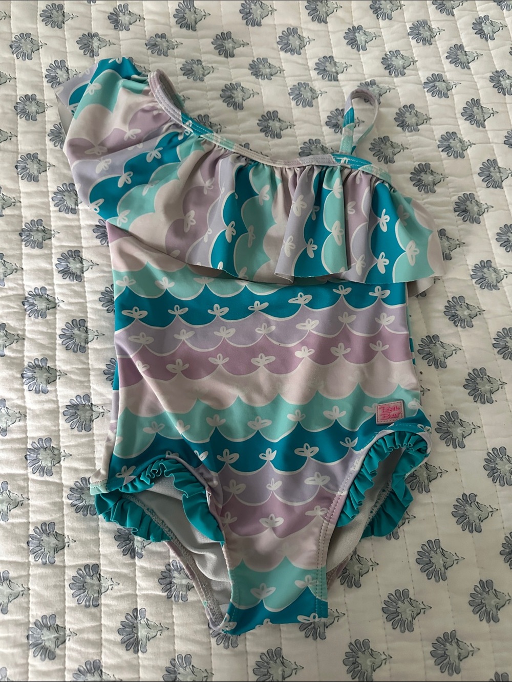 Ruffle Butts One-Shoulder Scallop Print Swimsuit in Teal, Lavender & Mint